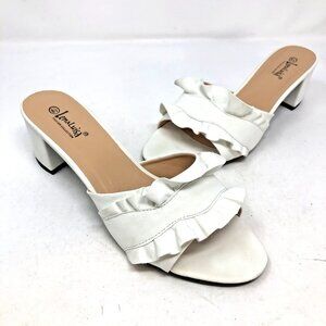 Lena Luisa Sandals Womens 8.5 ARIN 43 White Denim Ruffles Block Heels Open Toe